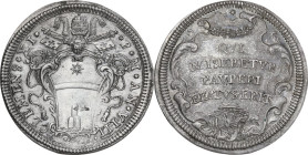 Roma. Clemente XI (1700-1721), Giovanni Francesco Albani. Testone A. V. D/ Stemma Albani sormontato da tiara e chiavi decussate. R/ QVI MISERETVR PAVP...