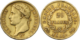 Roma. Napoleone I Imperatore di Francia e d'Italia (1805-1814). 20 franchi 1812 Roma. D/ Testa a sinistra con corona d'alloro; sotto, sigla di incisor...