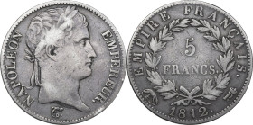Roma. Napoleone I Imperatore di Francia e d'Italia (1805-1814). 5 franchi 1812. D/ Testa a destra con corona d'alloro; sotto, sigla di incisore. R/ 5 ...