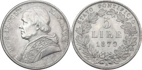 Roma. Pio IX (1846-1878), Giovanni Mastai Ferretti. 5 lire 1870 A. XXV. D/ Busto a sinistra con zucchetto mozzetta e stola. R/ 5 LIRE 1870 su tre righ...