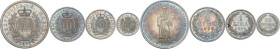 San Marino. Serie dei quattro (4) valori 1898 comprendenti il 5 lire, le 2 lire, la lira e il 50 centesimi. Pag. (decimali) 357,365,367,369. AR. Le mo...