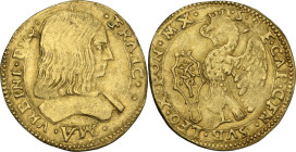 Urbino. Francesco Maria I della Rovere (1508-1516 e 1521-1538). Ducato d'oro. D/ Busto corazzato a destra con folta capigliatura. R/ Aquila coronata i...