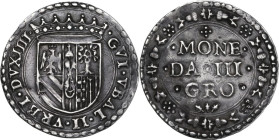 Urbino. Guidubaldo II della Rovere (1514-1574). Da 3 grossi. D/ Scudo Della Rovere. R/ MONE DA III GRO su tre righe; sopra, crocetta stilizzata con pa...