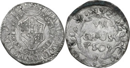 Urbino. Francesco Maria II della Rovere (1574-1624). Grosso di modulo largo. D/ Stemma Della Rovere; attorno, ghirlanda di fiori. R/ VN GROS SO su tre...