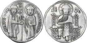 Venezia. Marino Morosini (1249-1253). Grosso matapan. D/ San Marco, in piedi a destra, porge il vessillo al Doge stante a sinistra; lungo l'asta DVX. ...
