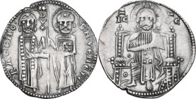 Venezia. Ranieri Zeno (1253-1268). Grosso matapan. D/ San Marco, in piedi a destra, porge il vessillo al Doge stante a sinistra; lungo l'asta DVX. R/ ...