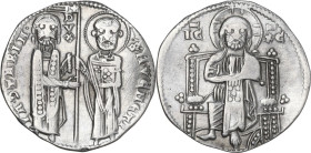 Venezia. Jacopo Contarini (1275-1280). Grosso matapan. D/ San Marco, in piedi a destra, porge il vessillo al Doge stante a sinistra; lungo l'asta DVX....