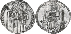 Venezia. Pietro Gradenigo (1289-1311). Grosso matapan. D/ San Marco, in piedi a destra, porge il vessillo al Doge stante a sinistra; lungo l'asta DVX....