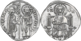 Venezia. Giovanni Soranzo (1312-1328). Grosso matapan. D/ San Marco, in piedi a destra, porge il vessillo al Doge stante a sinistra; lungo l'asta DVX....