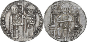 Venezia. Francesco Dandolo (1328-1339). Grosso matapan. D/ San Marco, in piedi a destra, porge il vessillo al Doge stante a sinistra; lungo l'asta DVX...