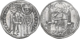 Venezia. Bartolomeo Gradenigo (1339-1342). Grosso matapan. D/ San Marco, in piedi a destra, porge il vessillo al Doge stante a sinistra; lungo l'asta ...