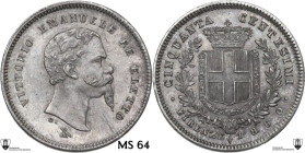 Re Eletto. Vittorio Emanuele II (1859-1861). 50 centesimi 1860 F. Pag. (decimali) 443; MIR (Savoia) 1069a. AG. 2.46 g. 18.00 mm. Il più alto stato di ...