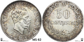 Vittorio Emanuele II (1861-1878). 50 centesimi 1863 M. Pag. (decimali) 527; MIR (Savoia) 1087e. AG. 2.52 g. 18.00 mm. Patina iridescente. Encapsulated...