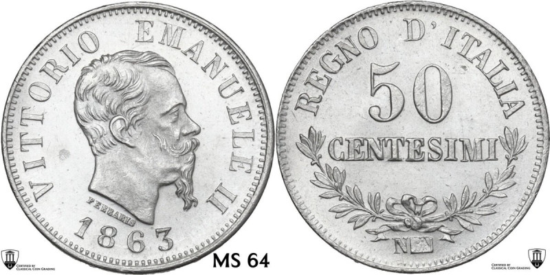 Vittorio Emanuele II (1861-1878). 50 centesimi 1863 N. Pag. (decimali) 529; MIR ...