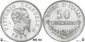 Vittorio Emanuele II (1861-1878). 50 centesimi 1863 N. Pag. (decimali) 529; MIR (Savoia) 1088c. AG. 2.54 g. 18.00 mm. Encapsulated by Classical Coin G...