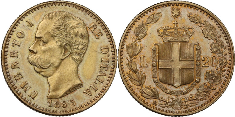 Umberto I (1878-1900). 20 lire 1885 oro rosso. Cf. Pag. (decimali) 581; MIR (Sav...