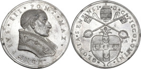 Pio III (1503), Francesco Todeschini-Piccolomini. Medaglia di restituzione coniata, realizzata attorno al 1664. D/ PIVS III PONT MAX M D III. Busto a ...