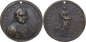 Clemente XIII (1758-1769), Carlo Rezzonico. Medaglia straordinaria allusiva alla lotta contro i Gesuiti. D/ CLEMEN XIII PON MAX. Busto del pontefice d...
