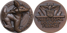 Era Fascista. Medaglia 1934 A. XII per la realizzazione della 'Direttissima' Bologna-Firenze. D/ XII APRILE 1934 A. XII. Minatore al lavoro; a destra,...