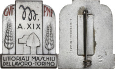 Era Fascista. Spilla A. XIX (1941) per i Littoriali Maschili del Lavoro tenutosi Torino. D/ Pala e martello accostati da sue spighe di grano; sopra, g...