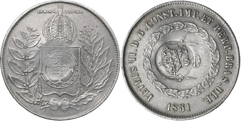 Brazil. Luis I (1838-1889). 500 Reis 1851 countermarked (crown with G P letters ...