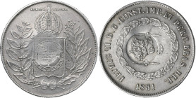 Brazil. Luis I (1838-1889). 500 Reis 1851 countermarked (crown with G P letters (Government Portuguese)) for circulation in the Azores. AR. 6.30 g. 26...
