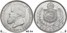 Brazil. Pedro II (1831-1889). 200 Reis 1867, Rio de Janeiro mint. KM 471. AR. 2.50 g. 19.00 mm. Encapsulated by Classical Coin Grading MS 64.