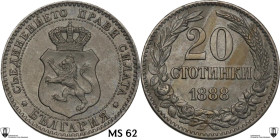 Bulgaria. Ferdinand I (1887-1918). 20 Stotinki 1888. KM 11; Nikolov 11. CU/NI. 5.04 g. 21.00 mm. Encapsulated by Classical Coin Grading MS 62 Die brea...