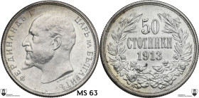 Bulgaria. Ferdinand I (1908-1918). 50 Stotinki 1913. KM 30; Nikolov 44. AR. 2.49 g. 18.00 mm. Hairlines. Encapsulated by Classical Coin Grading MS 63 ...