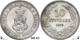 Bulgaria. Ferdinand I (1908-1918). 10 Stotinki 1913. KM 25; Nikolov 42. CU/NI. 3.99 g. 19.00 mm. Encapsulated by Classical Coin Grading MS 63.
