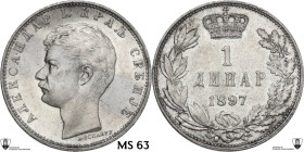 Serbia. Alexander I (1889-1902). Dinar 1897, Wien mint. KM 21. AR. 5.00 g. 23.00 mm. Frosty surfaces. Encapsulated by Classical Coin Grading MS 63.
