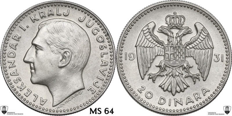 Yugoslavia. Alexander I (1929-1934). 20 Dinara 1931. KM 11. AR. 14.04 g. 31.00 m...