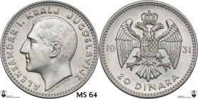 Yugoslavia. Alexander I (1929-1934). 20 Dinara 1931. KM 11. AR. 14.04 g. 31.00 mm. Encapsulated by Classical Coin Grading MS 64.