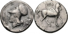 AR Stater ca 360–338 BC, Epirus, AMBRAKIA Pegasus right, A below. Rev. Athena wearing Corinthian helmet left, at the front a serpent coiled to a turtl...