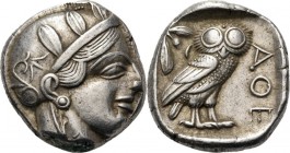 AR Tetradrachm ca. 430–415 BC, Attica, ATHENS Head of Athena right, wearing crested helmet ornamented with three olive-leaves and floral scroll. Rev. ...