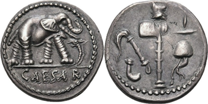 AR Denarius 49-48 BC, C. JULIUS CAESAR Elephant right trampling snake, CAESAR in...