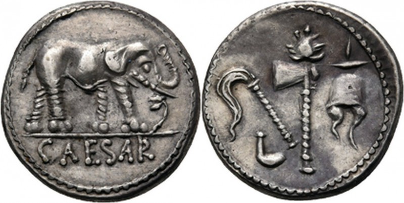 AR Denarius 49-48 BC, C. JULIUS CAESAR Elephant right trampling snake, CAESAR in...
