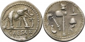 AR Denarius 49-48 BC, C. JULIUS CAESAR Elephant right trampling snake, CAESAR in exergue. Rev. priestly attributes. Coh. 49; Cr. 443.1; Syd. 1006. 3.4...