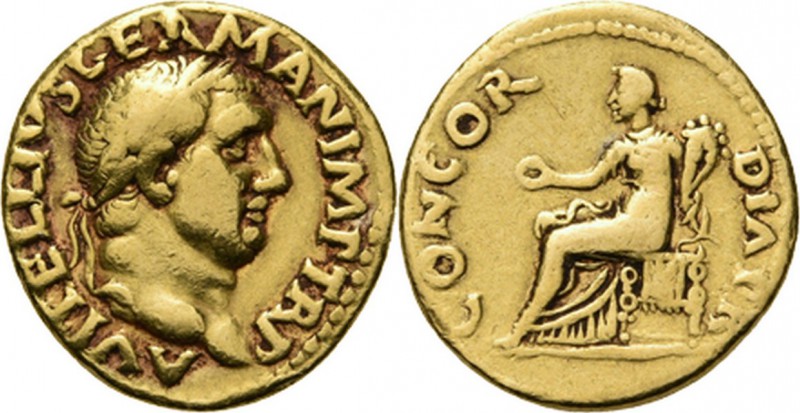 AV Aureus 69 AD, VITELLIUS 69 AD Rome. Laureate head right A VITELLIVS GERMAN IM...