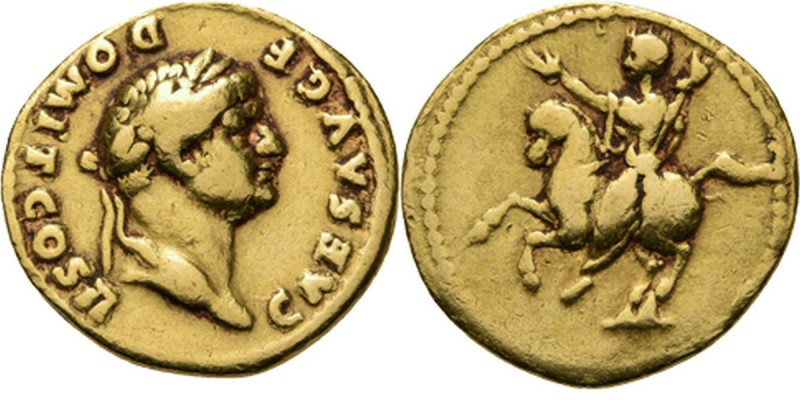 AV Aureus 73 AD, VESPASIANUS and DOMITIANUS Rome. Laureate head right CAES AVG F...