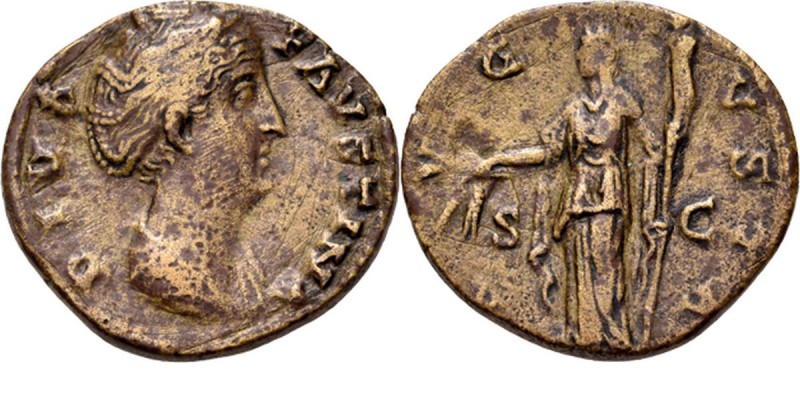 Æ Dupondius 141– AD, FAUSTINA Senior wife of Ant. Pius Draped bust right DIVA FA...