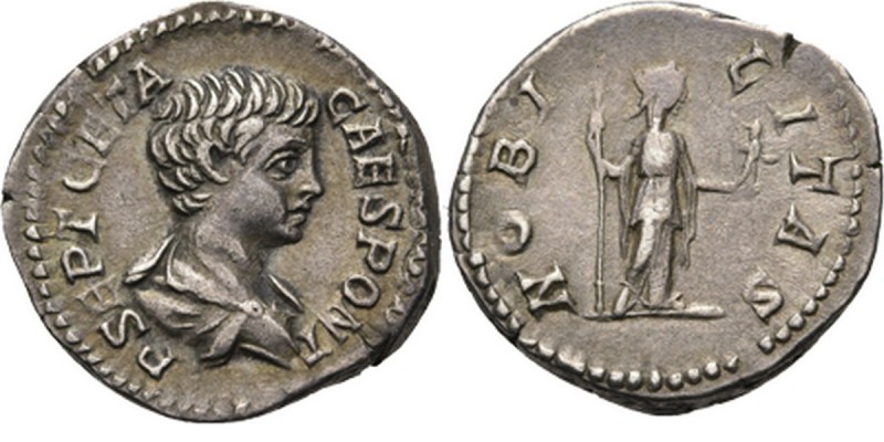 AR Denarius Rome 199 AD, CARACALLA and GETA Draped bust right P SEPT GETA CAES P...
