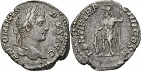 AR Denarius Rome 205–206 AD, CARACALLA 198–217 AD Laureate bust right ANTONINVS PIVS AVG. Rev. Mars standing left in military dress, right hand restin...