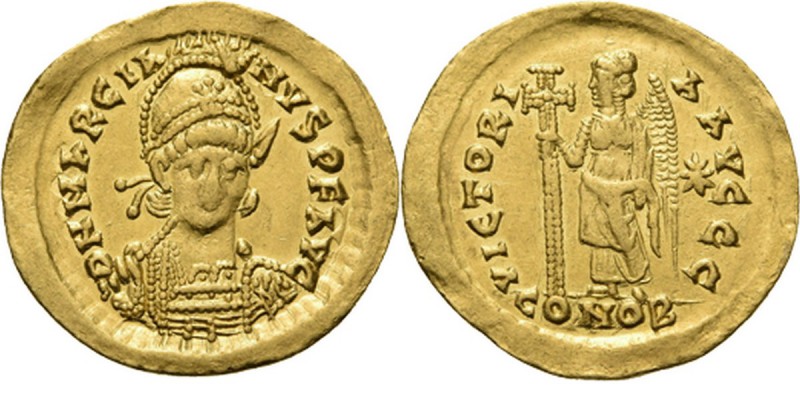 AV Solidus n.d, MARCIANUS 450–457 AD Constantinople. Helmeted and cuirassed bust...
