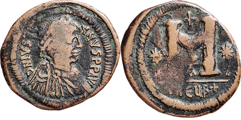 Æ Follis , JUSTINIANUS I 527–565 Mint of Antioch / Theoupolis. Diademed, draped ...