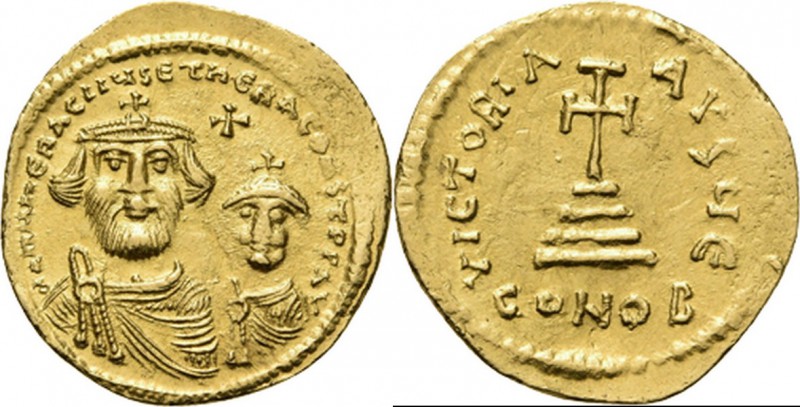 AV Solidus n.d, HERACLIUS with HER. CONSTANTINUS 613–641 Draped busts facing, we...