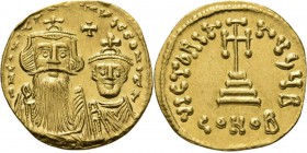 AV Solidus n.d, CONSTANS II with his son CONSTANTINUS IV 654–659 Bust of bearded Constans left with beardless Constantine IV right, cross inbetween. R...