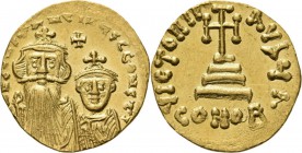 AV Solidus n.d, CONSTANS II with his son CONSTANTINUS IV 654–659 Bust of bearded Constans left with beardless Constantine IV right, cross inbetween. R...