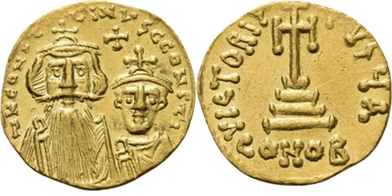 AV Solidus n.d, CONSTANS II with his son CONSTANTINUS IV 654–659 Bust of bearded...