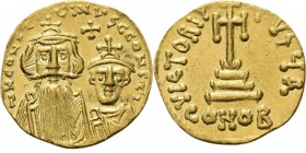AV Solidus n.d, CONSTANS II with his son CONSTANTINUS IV 654–659 Bust of bearded Constans left with beardless Constantine IV right, cross inbetween. R...